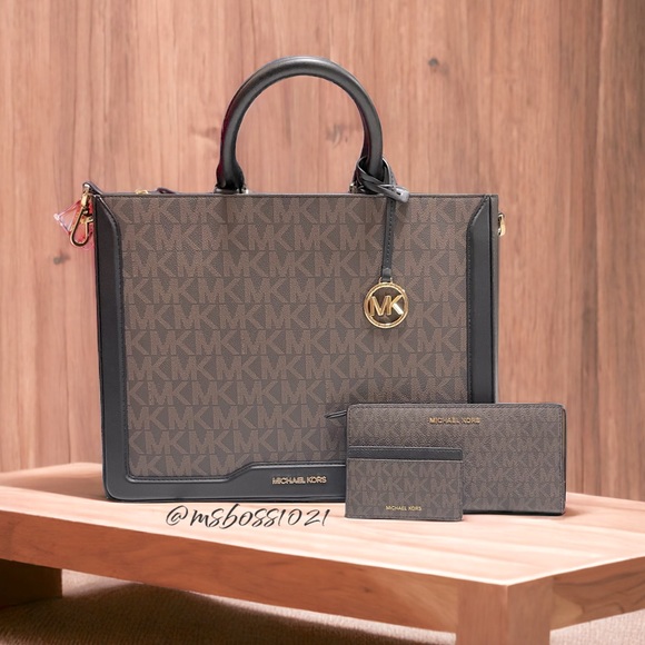 Michael Kors Jessie LG Zip Tote in Black/Brown + Wallet + Cardholder NEW W/TAGS